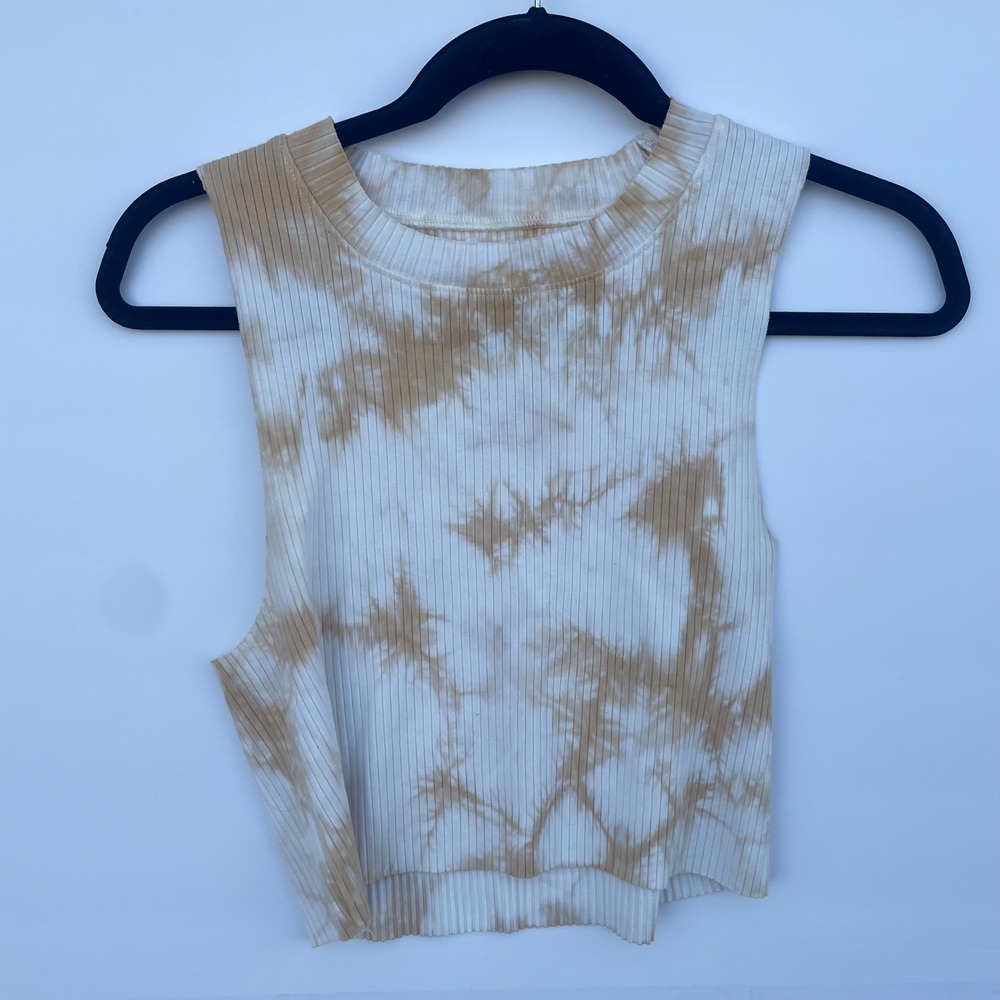 Aerie Ribbed Crop Tank Top‎ Womens Large Tan White Tie Dye High Neck Sleeveless
